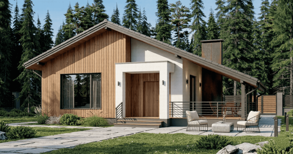 Fachada de segunda residencia modular de madera instalada en una parcela rústica de la costa oriental asturiana.